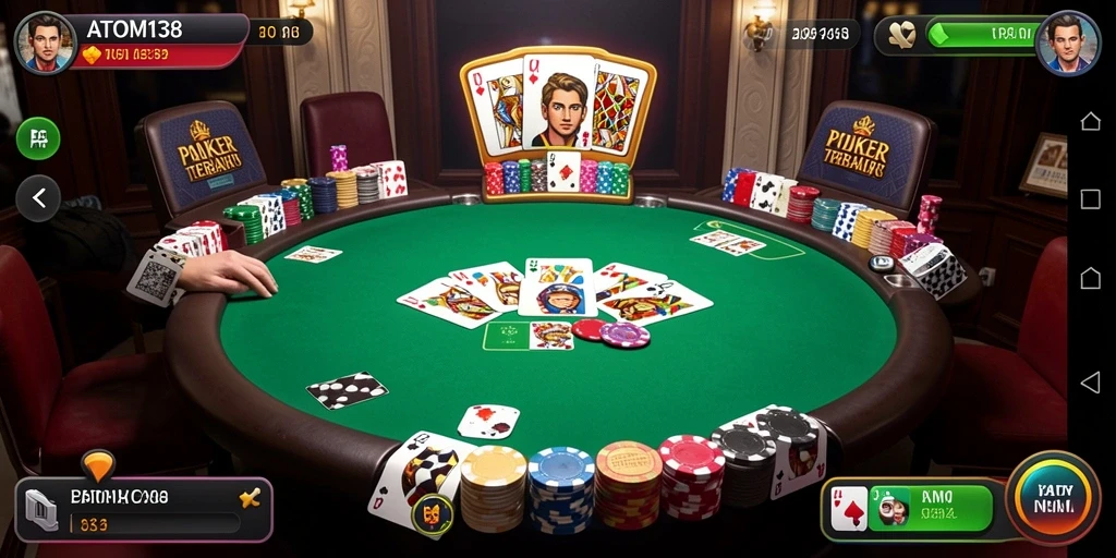 Screenshot ATOM138 menampilkan suasana seru bermain Poker dengan teman.