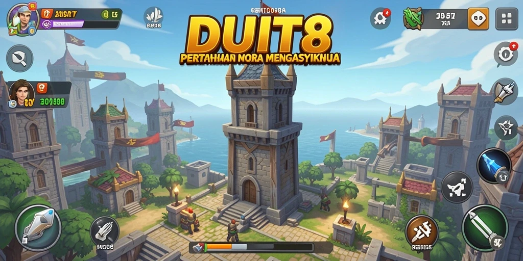 Tampilan menara dan musuh dalam gameplay DUIT8 yang seru.
