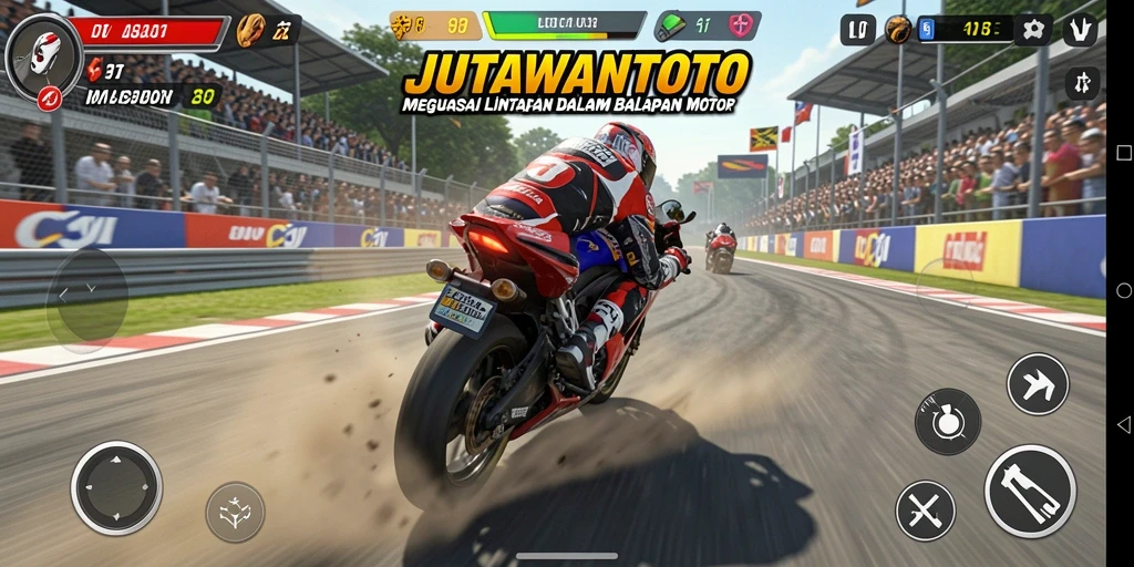 Tampilan gameplay JUTAWANTOTO yang seru dan penuh aksi balapan motor.