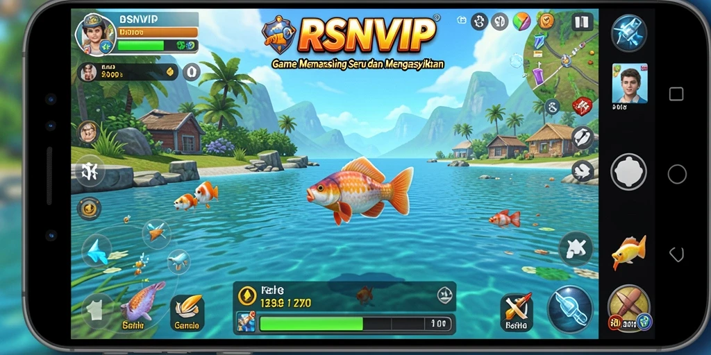 Screenshot gameplay RSNVIP saat menangkap ikan di danau.